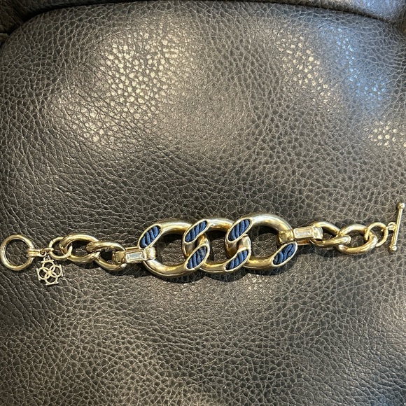 Jewelry - Anne Taylor Chunky Gold and Blue Fabric Chain Bracelet with two clear stones